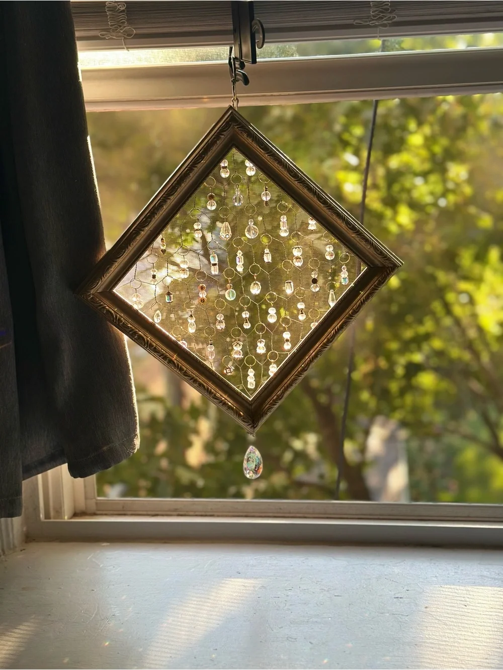 Hanging Crystal Suncatcher with Ornate Gold Frame